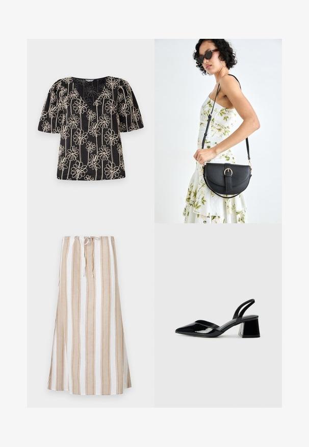 Fekete felső puffos ujjakkal, V-kivágással és bézs virágmintával. A virágos minta egyenletesen eloszlik az anyagon.; Csíkos szoknya fehér és világosbarna színekben, húzózsinóros derékkal és hosszú, bájos ráncolással. Könnyű anyagból készült, laza szabással.; Fekete lakk bőr szandálkés magas sarkú cipő, hegyes orral és geometrikus tömbsarkakkal. Karcsú, minimalista dizájn és sima textúra jellemzi.; Fekete bőrtáska ívelt formával, levehető pánttal és arany színű fémrészekkel. A táskán egy csattal díszített fedél található.