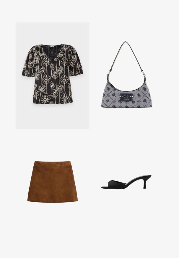 Czarny top z bufkami, dekoltem w kształcie litery V oraz beżowym haftem w kwiaty. Wzór kwiatowy jest równomiernie rozmieszczony na tkaninie.; Brązowa zamszowa spódnica mini o gładkiej teksturze, kształcie litery A i czystym wykończeniu. Bez widocznych elementów metalowych ani wzorów. Prosty i elegancki design.; Czarne klapki na wysokim obcasie z szerokim, otwartym noskiem i zakrzywioną cholewką. Wykonane z teksturowanej tkaniny, z wąskim obcasem i gładką podeszwą.; Torba hobo w granatowym materiale z diamentowym wzorem, z okuciem z logo oraz gładkim paskiem na ramię. Teksturowana powierzchnia.