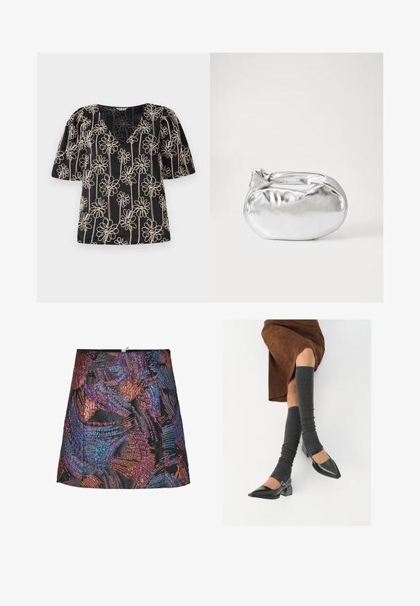 Musta paita, jossa on puffi-hihat, V-pääntie ja beige kukka-ompelu. Kukkapainatus on tasaisesti jakautunut kankaan pinnalle.; Metallinen minihame, jossa on teksturoitu kuvio eläväisissä purppuran ja pronssin sävyissä, mustalla pohjalla ja koristepainikkeilla vyötäröllä.; Musta lakattu nahkakengät teräväkärkisillä, leveällä kantapäällä ja nilkkahihnalla, yhdistettynä harmaisiin ribattuihin säärystimiin ja ruskeaan mokkasiinimekkoon.; Hopeapintainen metallinen pussilaukku, jolla on pehmeä, pyöreä muoto ja solmittava yläosa. Valmistettu sileästä tekonahkamateriaalista.