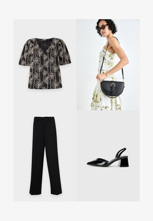 Fekete felső puffos ujjakkal, V-kivágással és bézs virágmintával. A virágos minta egyenletesen eloszlik az anyagon.; Fekete, széles szárú nadrág sima anyagból, klasszikus derékrésszel, gombzárral és elülső redőkkel.; Fekete lakk bőr szandálkés magas sarkú cipő, hegyes orral és geometrikus tömbsarkakkal. Karcsú, minimalista dizájn és sima textúra jellemzi.; Fekete bőrtáska ívelt formával, levehető pánttal és arany színű fémrészekkel. A táskán egy csattal díszített fedél található.