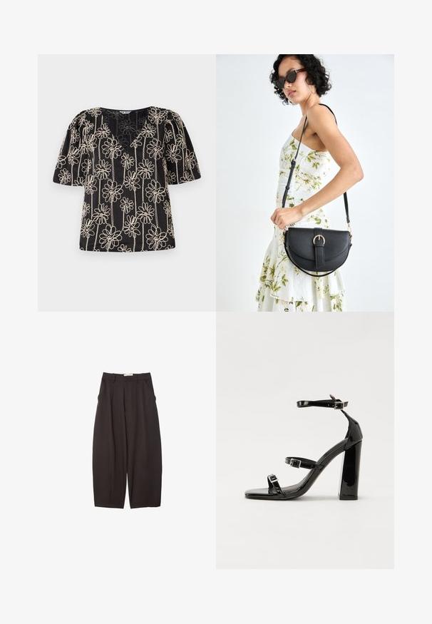 Zwart top met opbollende mouwen, een V-hals en beige bloemenborduring. Het bloemmotief is gelijkmatig over de stof verdeeld.; Zwarte wijde broek gemaakt van een gladde stof, met een hoge taille, voorplooien en zijzakken. Eenvoudig ontwerp zonder versieringen.; Zwarte gepatenteerde sandalen met hak en een vierkante neus, enkelbandjes en zilveren gespen. Heeft een stevige blokhak voor stabiliteit.; Zwarte leren handtas met een gebogen vorm, afneembare schouderband en gouden hardware. De tas heeft een klep met een gespsluiting.