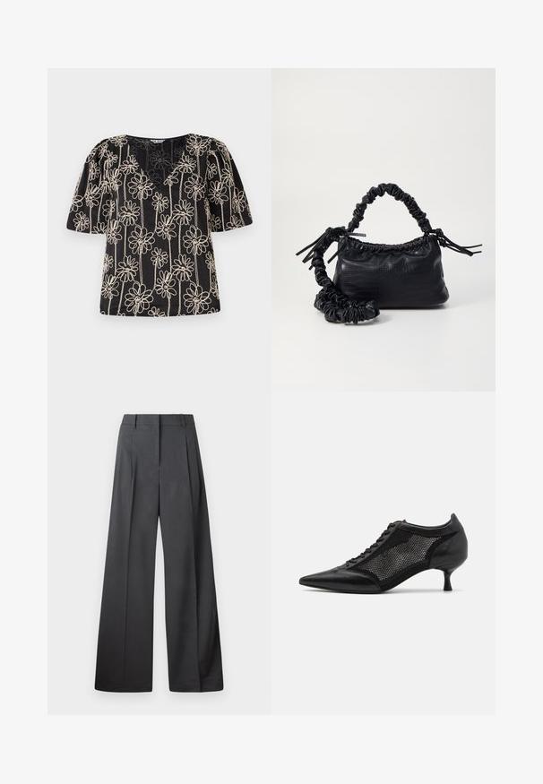 Svart topp med pufferm, V-hals og beige blomstermønster. Blomstrete mønster er jevnt fordelt over stoffet.; Vide bukser i mørkegrått stoff med høy livlinje, enkel press, og en glatt tekstur med en ren finish på ermekantene.; Svart spiss tå-sko med meshpaneldesign, med lav hæl og snøring foran. Laget av en kombinasjon av lær og meshmateriale.; Svart faux skinn-håndveske med krokodilletekstur, strammet topp og en rynket stropp. Ser myk og kompakt ut i designen.