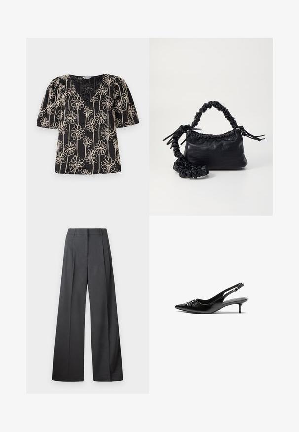 Black top featuring puff sleeves, a V-neck, and beige flower embroidery. Floral pattern is evenly distributed across the fabric.; Wide-leg trousers in dark gray fabric, featuring a high waist, single pleats, and a smooth texture with a clean finish at the hems.; Black leather slingback heels with a pointed toe, small kitten heel, and a decorative knot detail on the front. Smooth texture throughout.; Black faux leather handbag with a crocodile texture, cinched top, and a scrunched strap. Appears soft and compact in design.