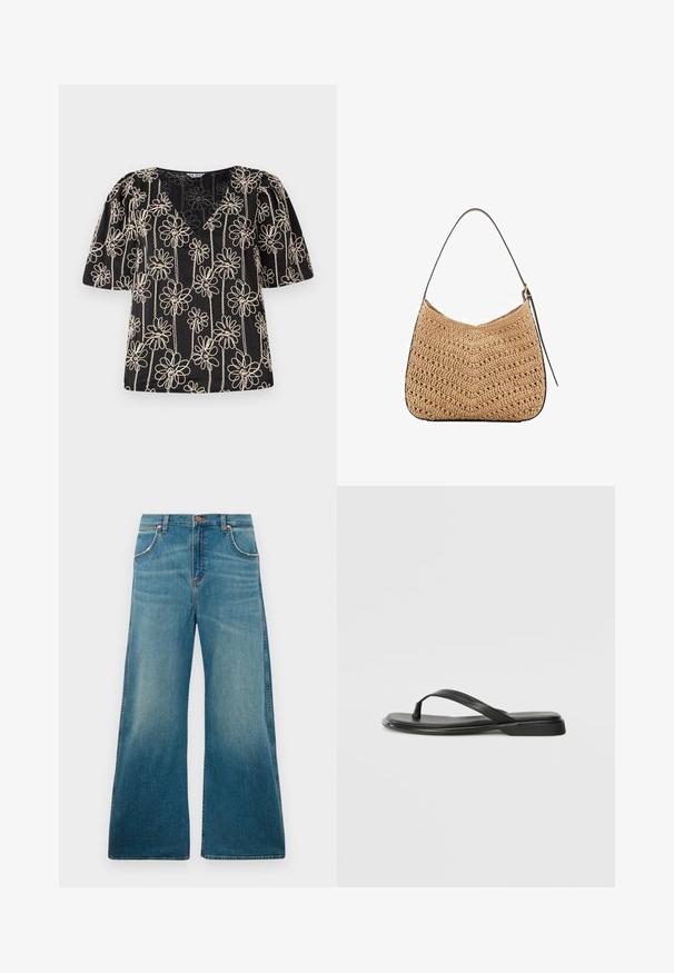 Top nero con maniche a sbuffo, scollo a V e ricami di fiori beige. Il motivo floreale è distribuito uniformemente su tutto il tessuto.; Jeans in denim blu a vita alta con gambe ampie, tasche frontali, chiusura con bottone e gradiente di colore sbiadito dal girovita all'orlo.; Infradito neri in pelle liscia, con un design a fascia sottile e una suola piatta dal profilo minimale. Nessun motivo o accento particolare.; Borsa a spalla in paglia intrecciata con forma curva, dotata di una tracolla in pelle scura e superficie testurizzata con motivo a zigzag.; Orecchini in tono dorato caratterizzati da forme irregolari e texture, adornati con gemme verdi e perle bianche, fissati con chiusure a clip.