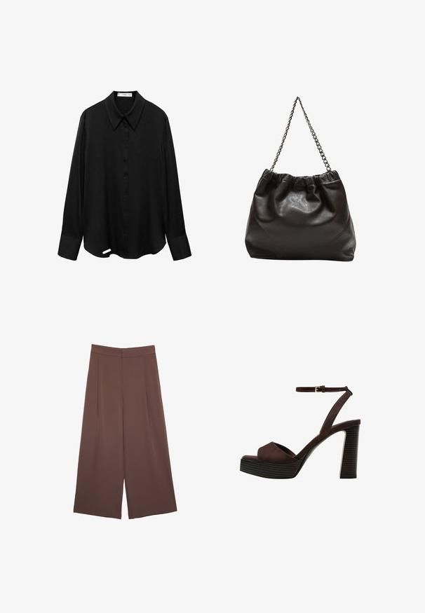 Camicetta nera a maniche lunghe realizzata in tessuto liscio, con chiusura a bottoni frontale, ampio colletto e orlo arrotondato con un piccolo spacco laterale.; Pantaloni ampi marroni con una texture liscia, caratterizzati da una vita alta e pieghe frontali. Il tessuto è leggero e scorre liberamente.; Sandal in camoscio marrone con tacco alto, punta aperta, cinturino alla caviglia regolabile e suola a piattaforma striata.; Borsa in pelle marrone con parte superiore arricciata e tracolla a catena. Texture liscia con finitura lucida e dettagli di cucitura sottili sui lati.