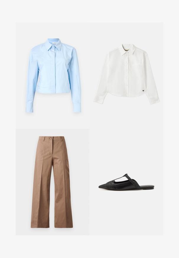 Vaaleansininen lyhythihainen paita, jossa on nappikaulus ja joka on valmistettu sileästä kankaasta. Sisältää etupaneelin ja muotoillut hihansuut.; Valkoinen lyhytcroppinen pitkähihainen paita, joka on valmistettu puuvillasta. Siinä on nappisuljenta edessä, rintatasku ja pieni musta logo vasemmassa alakulmassa.; Ruske leve-legged hlače iz gladkega materiala, z sprednjim gumbom, dvema sprednjima žepoma in čistimi, krojenimi linijami.; Musta nahkasandaali, jossa on terävä kärki, somistettuna kudotulla yksityiskohdalla ja pleatatuilla yläosilla. Litteä pohja, jossa on vähäisiä tarvikkeita.