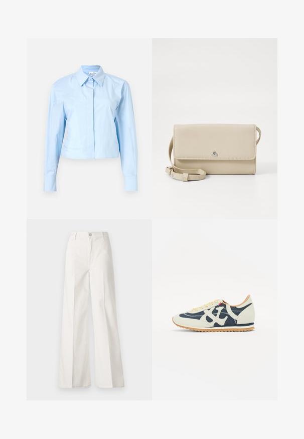 Svetlo modra kratka majica z dolgimi rokavi in ovratnikom na gumbe, izdelana iz gladkega materiala. Ima sprednji zavihek in strukturirane manšete.; Bele široke hlače iz bombaža z gladko teksturo. Imajo gumb spredaj, zadrgo in zasnovo z štirimi žepi.; Teniske z mešanico kremne, mornarsko modre in semišne tkanine, zasnova z vezalkami, diagonalne šive in gumijastim podplatom z oprijemom.; Bežna usnjena torba za ramena z zapiranjem na pokrov, srebrno okovje in snemljivim trakom. Gladka tekstura in preprost pravokoten oblik.