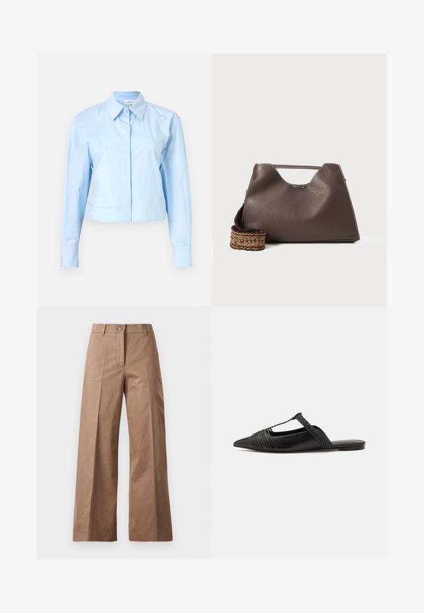 Light blue cropped long-sleeve shirt with a button-down collar, made of smooth fabric. Features a front placket and structured cuffs.; Brown wide-leg trousers made from a smooth fabric, featuring a front button closure, two front pockets, and clean, tailored lines.; Black leather slingback shoe with a pointed toe, featuring a woven accent and pleated upper design. Flat sole with minimal hardware.; Brown leather handbag with a textured finish, angular design, and a distinctive top handle. Features a patterned woven strap detail.