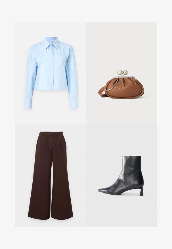 Camisa de manga larga recortada en azul claro con cuello abotonado, hecha de tela lisa. Presenta una tapeta en la parte delantera y puños estructurados.; Pantalones marrones de pierna ancha de talle alto con cierre de botón y cremallera, trabillas para cinturón y pinzas delanteras.; Botín de cuero negro hasta el tobillo con punta afilada y un diseño elegante. Presenta un tacón bajo y un cierre con cremallera en la parte trasera. Textura suave.; Bolso de mano de cuero marrón con cierre de bola plateada y un pequeño detalle de cadena plateada sobre un fondo blanco.