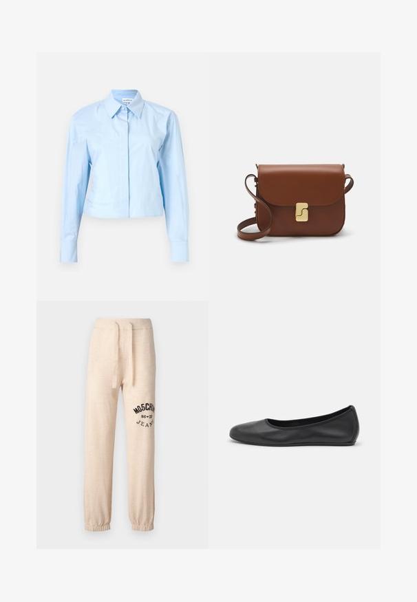 Light blue cropped long-sleeve shirt with a button-down collar, made of smooth fabric. Features a front placket and structured cuffs.; Beige sweatpants with elastic cuffs and waistband. Features a black printed logo "MOSCHINO 86 ❤ 23 JEANS" on the left thigh. Soft texture.; Black leather ballet flat with a rounded toe, smooth texture, minimal stitching detail, and a flexible sole design.; Brown leather handbag with a flap closure, gold-tone hardware, a shoulder strap, and a smooth texture. Compact rectangular shape.