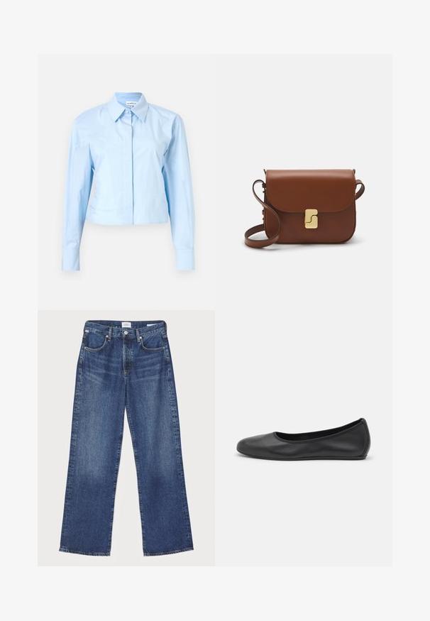 Svetlomodrá skrátená košeľa s dlhým rukávom a gombíkovým golierom, vyrobená z hladkej látky. Obsahuje predný pás a štruktúrované manžety.; Citizens of Humanity ANNINA - Džínsy s rovným strihom - westwood dark indigo; Čierne kožené baleríny s okrúhlou špičkou, hladkým povrchom, minimálnym prešívaním a flexibilným dizajnom podrážky.; Hnedá kožená kabelka s klopou, zlatými kovovými prvkami, ramenným popruhom a hladkým povrchom. Kompaktný obdĺžnikový tvar.