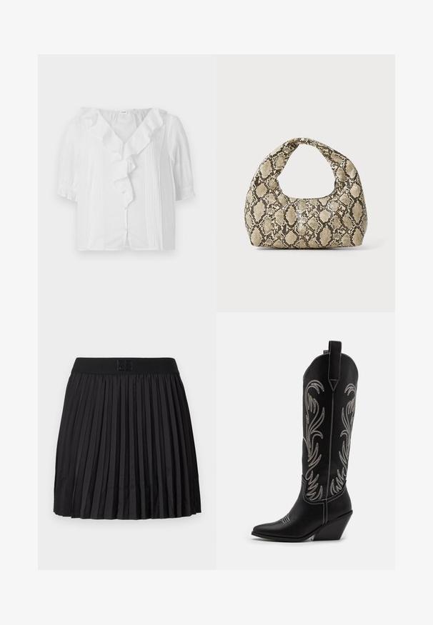 Bluză albă cu mâneci scurte, guler volanj, deschidere cu butoane și textură cu dungi verticale pe o parte. Material moale și ușor.; Fustă plisată neagră cu o textură netedă, având un brâu solid negru și un detaliu cu logo în relief în față.; Bocanci de cowboy din piele neagră, cu vârfuri ascuțite, toc wedge și modele florale brodate cu fir argintiu de-a lungul tijei. Cusături în contrast pe întreaga suprafață.; Geantă cu imprimeu de șarpe, având un mâner curbat. Fabricată din materiale texturate, bej și maronii, cu un model distinctiv în formă de diamant.