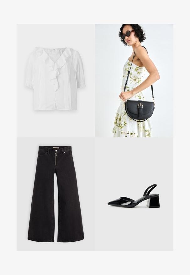 Balta īsa piedurkne blūze ar ripojošu apkakli, pogu priekšpusi un vertikālu svītru tekstūru vienā pusē. Mīksts, viegls audums.; Platas kājas džinsi melnā džinsa audumā ar rāvējslēdzēju priekšā, piecu kabatu dizains un smalkas šuvju detaļas. Gluda tekstūra un ikdienišķs stils.; Melna lakota āda ar atvērto papēdi, ar smailu purngalu un ģeometrisku blokpapēdi. Iezīmējas elegants, minimāls dizains un gluda tekstūra.; Melnas ādas rokassoma ar izliekta formu, noņemamu siksnu un zelta aksesuāriem. Somai ir vāciņš ar sprādzes detaļu.