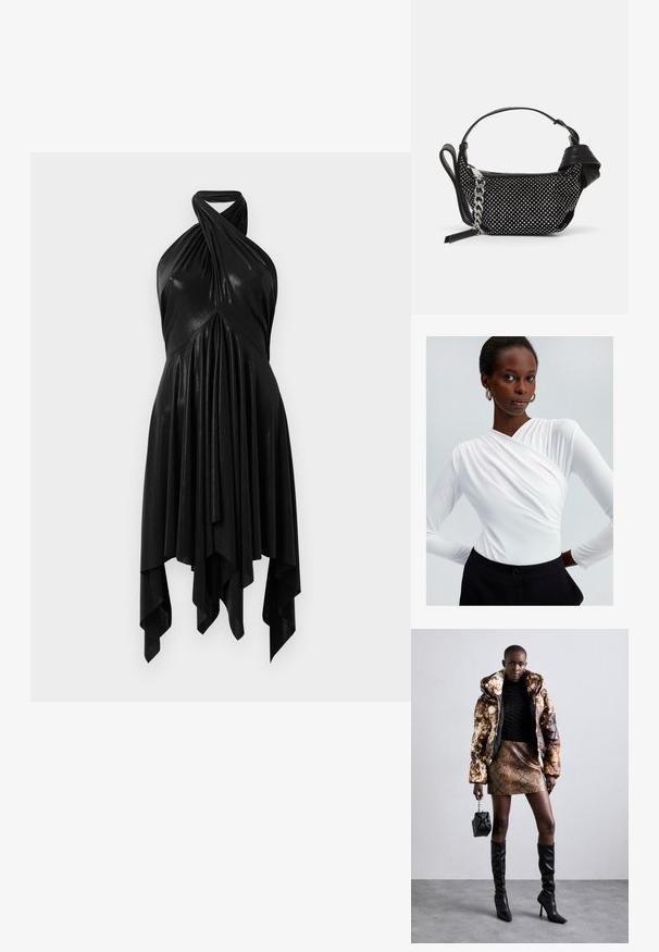 Biała bluzka z długim rękawem o kroju kopertowym i marszczeniem przy ramieniu, zestawiona z czarnymi spodniami o wysokim stanie z zapięciem na guzik.; Czarna sukienka na halter z drapowanym wzorem. Wykonana z błyszczącego materiału, z skręconym dekoltem i asymetrycznym dołem. Gładka tekstura.; Kurtka puchowa w brązowo-czarny wzór, w połączeniu z brązową mini spódnicą w wężowy wzór, czarnymi wysokimi kozakami do kolan i małą czarną torebką.; Czarna torebka z teksturowanym wzorem, ozdobiona srebrnymi ćwiekami i grubym srebrnym łańcuszkiem. Charakteryzuje się eleganckim, minimalistycznym kształtem.