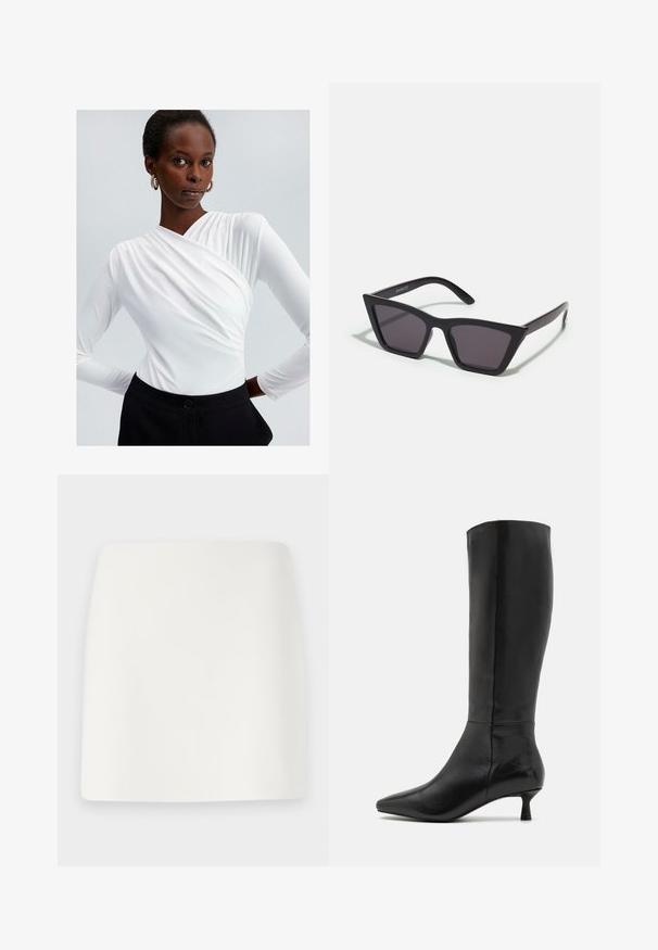 White long-sleeve top with a wrap design and gathered detail at the shoulder, paired with high-waisted black trousers featuring a button closure.; White, fitted mini skirt with a smooth texture and clean lines. No visible patterns or hardware. Straight hem at the bottom.; Zign Boots - black; Black, angular sunglasses with gray lenses; made of plastic, featuring thick arms with a smooth surface and no visible hardware.