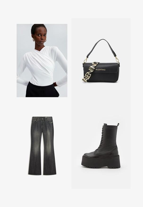 Biała bluzka z długim rękawem o kroju kopertowym i marszczeniem przy ramieniu, zestawiona z czarnymi spodniami o wysokim stanie z zapięciem na guzik.; Spodnie dżinsowe w kolorze ciemno-niebieskim o rozszerzających się nogawkach, z delikatnym przetarciem, pięcioma kieszeniami i kontrastowym przeszyciem, z klasycznym zapięciem na guzik i suwak.; Zign - Botki na platformie; Czarna skórzana torebka o strukturalnym kształcie, z złotym paskiem z logo "VALENTINO" i odczepianym paskiem na ramię. Teksturowane wykończenie.