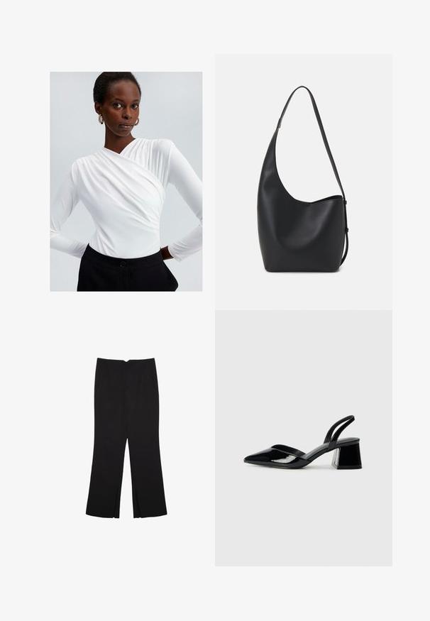 Vit långärmad topp med en insnörningsdesign och samlad detalj vid axeln, i kombination med högmidjade svarta byxor med knäppning.; Svarta byxor med rak passform, utrustade med framfickor och sidoklyvningar vid fållen. Tillverkade av mjukt, slätt tyg. Lämpliga för olika tillfällen.; Svarta lackläder slingback klackar med spetsig tå och geometrisk klack. Har en elegant, minimalistisk design och slät yta.; Svart läder hobo-väska med en slät textur, kurvig form och en justerbar axelrem; har en bred öppning upptill.