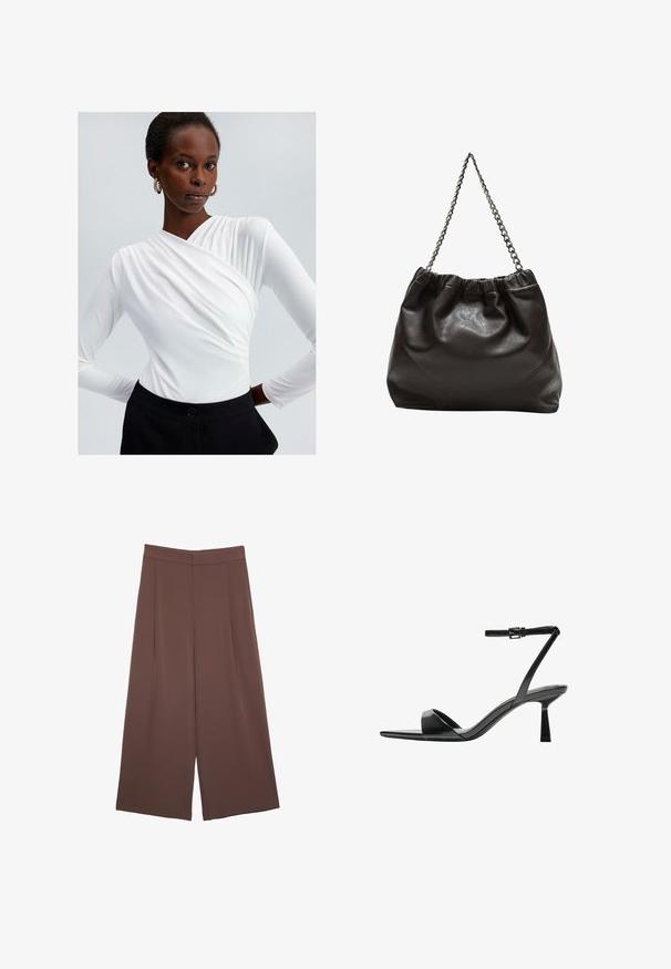 Haut blanc à manches longues avec un design enveloppant et un détail froncé à l'épaule, associé à un pantalon noir taille haute avec une fermeture à bouton.; Pantalons larges marron avec une texture lisse, dotés d'une taille haute et de plis à l'avant. Le tissu est léger et tombe de manière fluide.; Bershka Sandales à talons hauts - black; Sac en cuir marron avec un haut froncé et une bandoulière en chaîne. Texture lisse avec une finition brillante et des coutures subtiles sur les côtés.