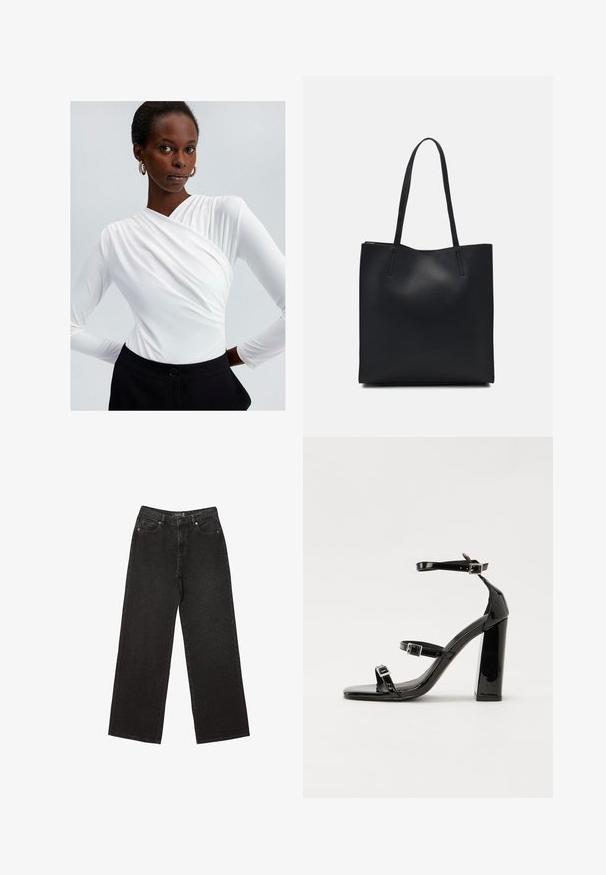Bela dolga majica z rokavi z ovito zasnovo in nabranim detajlom na rami, kombinirana z visokimi črnimi hlačami, ki imajo gumbasto zapiranje.; Črne široke jeans hlače iz denima, z majhnimi pikčastimi vzorci, klasičnim petim žepom ter z gumbom in zadrgo za zapiranje.; Črne lakirane sandale s peto, kvadratnim prstom, trakovi okrog gležnja in srebrnimi zaponkami. Opremljene so s stabilno Debelo peto.; Črna usnjena torba s svilnato teksturo, pravokotne oblike in dvema dolgima ročajema. Brez vidnih metalnih delov ali okrasnih elementov.