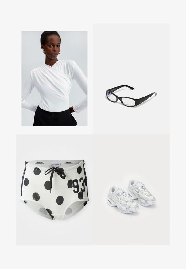 Vit långärmad topp med en insnörningsdesign och samlad detalj vid axeln, i kombination med högmidjade svarta byxor med knäppning.; Svart- och vitt prickiga baddräktsbyxor med dragsko i midjan, med siffran "93" på framsidan och en mjuk, stretchig tyg.; Vita sportskor med en ovandel i mesh och silverdetaljer, en unik form och luftdämpning i hälen. Snörningsdesign med logotyp.; Svart rektangulära glasögon med klara glas. Glossy yta, smala bågar och lila nyans synlig vid kanterna av glasen.