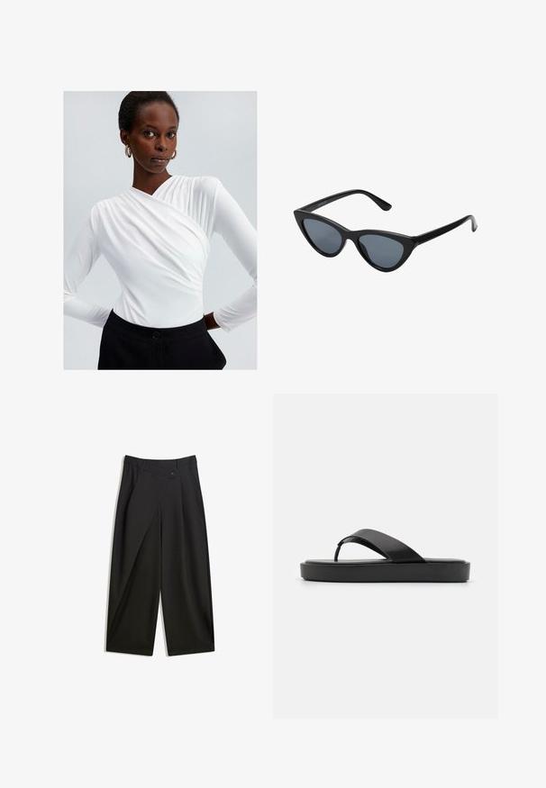 Witte lange mouwen top met een wikkeldesign en plooidetails op de schouder, gecombineerd met zwarte high-waisted broek met knoopsluiting.; Zwarte wijde broek van soepel materiaal. Beschikt over een voorkant met plooi, een knoopsluiting en een op maat gemaakte tailleband voor een gestroomlijnde pasvorm.; Zwarte flip-flop sandalen met een soepele bovenband en een gestructureerde platformzool. Minimalistisch ontwerp met een laag profiel.; Zwarte cat-eye zonnebril met donkergrijze lenzen, slank plastic frame, puntige hoeken en rechte pootjes. Geen zichtbare hardware of accenten.; Natuurlijk geweven strookentasje met een gestructureerd oppervlak, grote open bovenkant, gebogen vorm en een donkere leren band. Kenmerkt zich door een zwarte accent aan de basis.