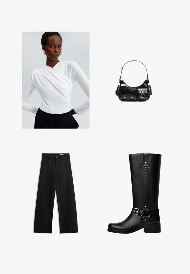 Haut blanc à manches longues avec un design enveloppant et un détail froncé à l'épaule, associé à un pantalon noir taille haute avec une fermeture à bouton.; Pantalon en denim noir à jambes larges avec une taille haute, comprenant des poches avant et arrière, des coutures piquées et une fermeture à bouton. Texture lisse.; Bottes noires en cuir synthétique, avec un bout rond, des détails de boucle de ceinture accentués et un talon épais. Texture lisse et couture verticale sur la tige.; Sac à main en cuir verni noir avec une forme incurvée, une bandoulière, des poches avant et des accents en métal argenté.