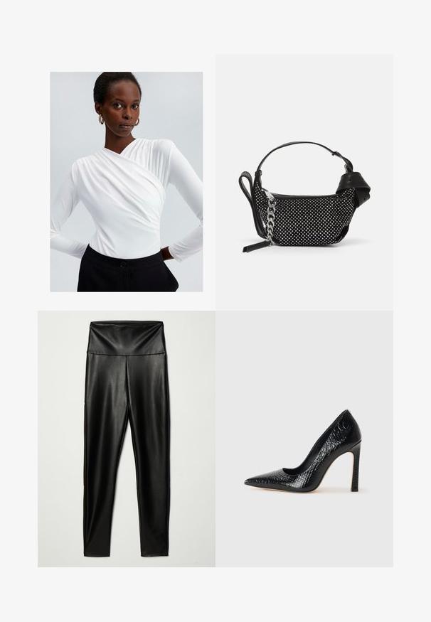 Valkoinen pitkähihaine paita, jossa on kietaisu-design ja rypytysdetaili olkapäässä, yhdistettynä korkeavyötäröisiin mustiin housuihin, joissa on nappisulku.; Mustat keinonahkaiset legginsit, joissa on korkea vyötärö, sileä pinta ja tiukka siluetti, ulottuvat nilkkoihin saakka.; Musta kapea nilkkakorkokenkä krokotiilin nahkakuviolla, joka on varustettu tyylikkäällä muotoilulla, korkealla stiletto-korkealla ja sileällä mustalla sisäosalla.; Musta käsilaukku, jossa on teksturoitu muotoilu, koristeltu hopeisilla niiteillä ja tukeva hopeaketjuolkaimella. Omistaa tyylikkään, minimalistisen muodon.