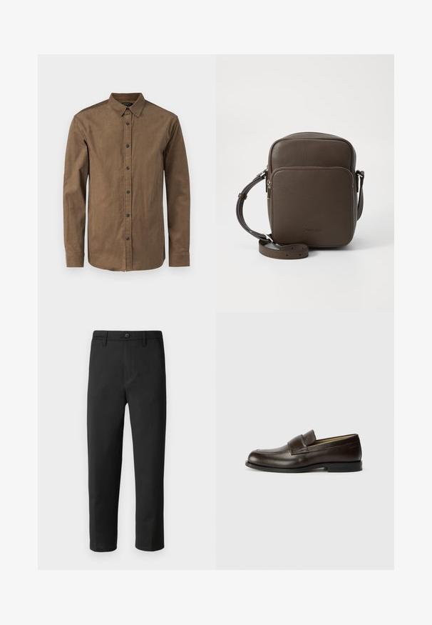 Rjava, srajca z gumbi, narejena iz strukturirane tkanine, z razširjenim ovratnikom in dolgimi rokavi z gumbi na zapestjih. Sedem sprednjih gumbov.; Črne hlače s ravnim krojem, izdelane iz gladkega materiala. Imajo gumbe za zapiranje in zanke za pas. Brez vidnih vzorcev ali dodatkov.; Calvin Klein Čevlji brez vezalk - cocoa brown; Brah brezov usnjen torbico za čez ramo s teksturirano površino, pravokotno obliko, sprednjim žepom na zadrgo in nastavljivim pasom. Logotip prikazan na sprednji strani.