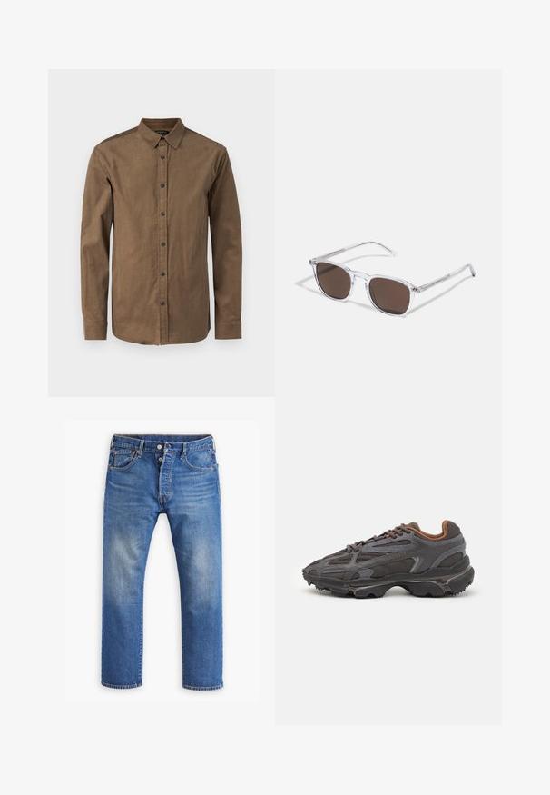 Brown, button-up shirt made of textured fabric, featuring a spread collar and long sleeves with buttoned cuffs. Seven front buttons.; Blue denim jeans, straight leg design, with visible fading, button and zipper closure, five pockets, and orange stitching accents.; Lacoste sneakers in dark gray with mesh and synthetic material, featuring a textured sole and brown accents on the collar and branding.; Clear plastic sunglasses with rectangular brown lenses, featuring thin, transparent arms and metal accents on the temples.