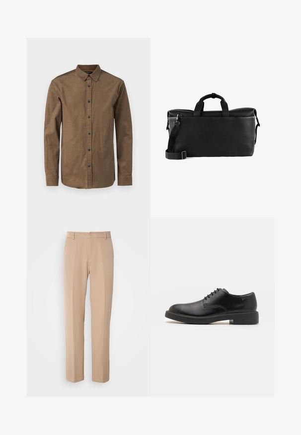 Bruin, blouseachtig shirt van textuurstof, met een spread collar en lange mouwen met knoopmanchetten. Zeven knopen aan de voorkant.; Beige broek gemaakt van gladde stof, met een rechte pasvorm, een sluiting met een knoop aan de voorkant en subtiele plis details aan de voorkant.; Zwarte leren veterschoen met een ronde neus, een gladde textuur, minimale stiksels en een lage rubberen hak. Logo op de hak.; Zwarte leren duffelbag met een gestructureerd oppervlak, dubbele handvaten, een verstelbare schouderriem en een ritssluiting aan de bovenkant. Eenvoudig logo-detail aan de voorkant.