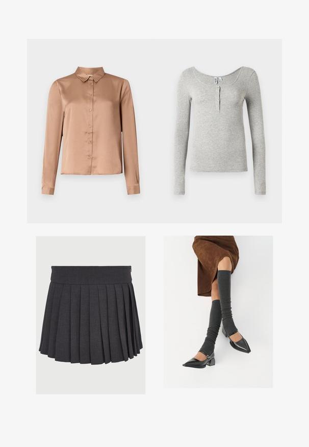 Long-sleeve blouse in light brown satin, featuring a collared neckline, button front, and tailored fit with a straight hem.; Light gray ribbed long-sleeve shirt with scoop neckline and four buttons on the front placket, displayed on a white background.; Gray pleated skirt with a flat waistband and zipper closure, made from a textured fabric, featuring evenly spaced deep pleats.; Black patent leather pointed-toe shoes with a block heel and ankle strap, paired with gray ribbed leg warmers and a brown suede skirt.