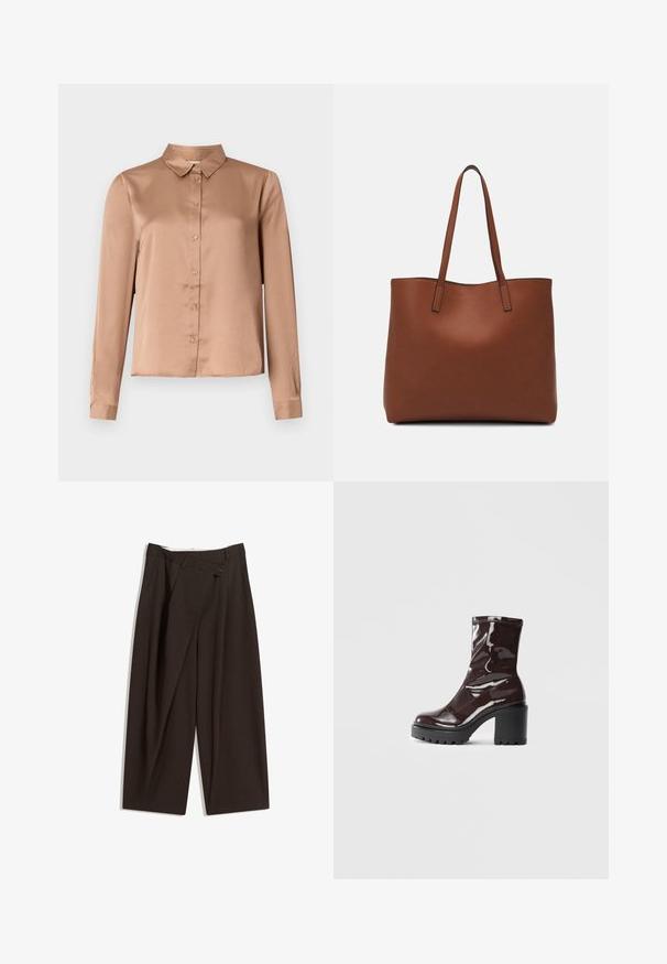 Hedvábná blůza s dlouhým rukávem v světle hnědé barvě, s límečkem, zapínáním na knoflíky a přiléhavým střihem se rovním lemem.; Tmavě hnědé široké kalhoty s vysokým pasem, vybavené jedním tlačítkem na zapínání a plisovaným předním dílem. Vyrobené z lehkého materiálu.; Lesklá bordó kotníková bota s masivním černým podpatkem, se hladkým povrchem a jednoduchým designem. Žádné viditelné zapínání ani vzory.; Hnědá kožená taška přes rameno s hladkou texturou, otevřeným designem a dvěma ramenními popruhy. Obsahuje minimální švy a žádné viditelné kovové prvky.