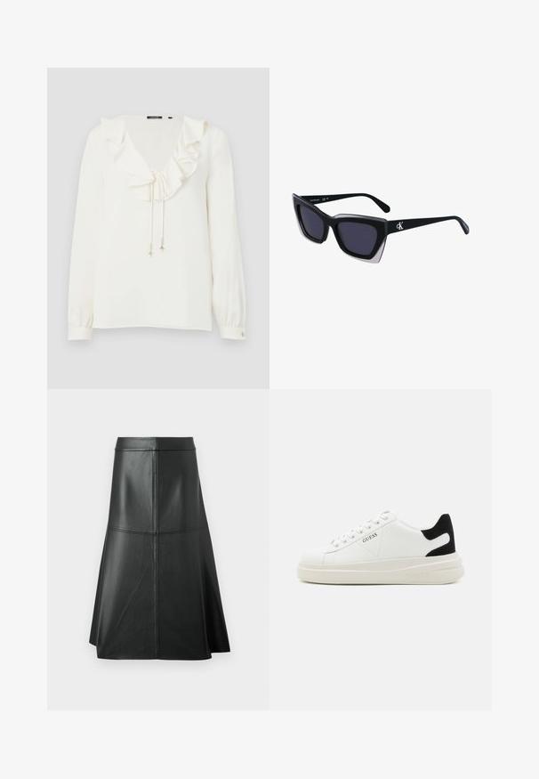 White blouse with a V-neck, ruffled collar, and drawstring ties with silver accents; long sleeves with buttoned cuffs. Soft fabric texture.; Black leather A-line skirt, smooth texture, mid-calf length, features horizontal stitching detail at the waist and seams for added structure.; White leather sneakers with a thick white sole, black suede heel accent, and embossed logo on the side. Laced design with six eyelets.; Black oversized sunglasses with a geometric shape, featuring dark lenses and a contrasting grey detail on the frame. Logo on the arm.