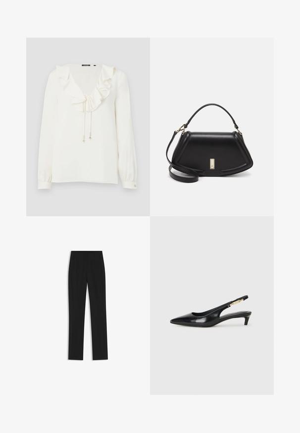 Blouse blanche avec un col en V, un col froncé et des liens à coulisse avec des accents argentés ; manches longues avec des poignets boutonnés. Texture de tissu douce.; Pantalon noir ajusté avec une coupe droite, doté de poches avant et d'un tissu lisse et texturé. Détails soignés et minimalistes.; Talons hauts en cuir noir avec un bout pointu, dotés d'un talon fin et d'un accent en ton or sur la lanière réglable. Texture lisse.; Sac à main en cuir noir avec un design structuré, featuring une forme cropped, une poignée supérieure et des accents en matériel doré. Bandoulière réglable incluse.