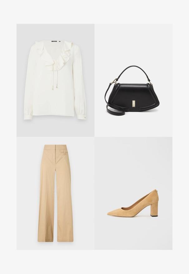 Bijela bluzica s V-izrezom, nabranim ovratnikom i vezicama s srebrnim naglascima; duži rukavi s dugmadi na manžetama. Meki materijal.; Bež hlače širokih nogavica napravljene od mješavine pamuka. Imaju glatku teksturu, elastičnu elastiku u struku i detalj gumba sa strane.; Bež antilop cipele na visoku petu s oštrom kapicom i debelom blok petom. Materijal ima mekanu teksturu s glatkom obradom.; Crna kožna torba s strukturiranim dizajnom, s krojenim oblikom, gornjom drškom i zlatnim detaljima. Uključena je podesiva ramena traka.