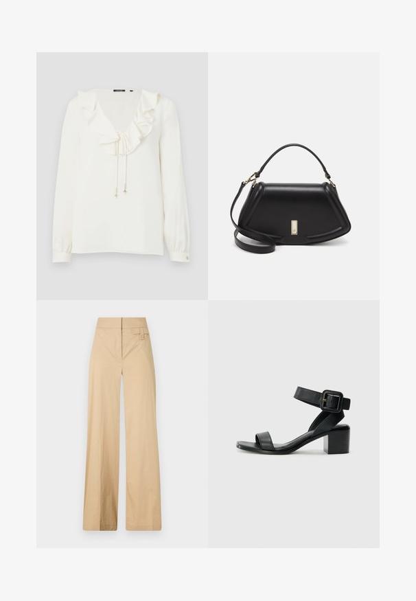 Fehér blúz V kivágással, fodros gallérral és ezüst részletes, húzózsinóros megoldással; hosszú ujjak gombos mandzsettával. Puha szövettextúra.; Beige színű, bővülő lábú nadrág kevert pamut anyagból. Simás textúrával, elasztikus derékpánttal és oldalsó gombos díszítéssel rendelkezik.; Fekete bőrből készült sarokszandál állítható bokapánttal, nyitott orral és négyzet alakú tömb sarokkal. Simább textúra, minimalista stílus.; Fekete bőr kézitáska, strukturált dizájnnal, rövidített formával, felső fogantyúval és arany színű kiegészítőkkel. Állítható vállpánt is tartozik hozzá.
