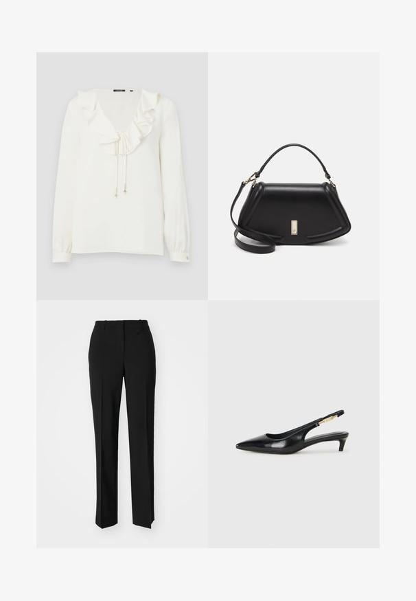 White blouse with a V-neck, ruffled collar, and drawstring ties with silver accents; long sleeves with buttoned cuffs. Soft fabric texture.; Black tailored trousers with a straight-leg design, featuring a smooth texture and crisp creases along the front. No visible hardware.; Black leather slingback heels with a pointed toe, featuring a slim heel and a gold-tone accent on the adjustable strap. Smooth texture.; Black leather handbag with a structured design, featuring a cropped shape, top handle, and gold hardware accent. Adjustable shoulder strap included.