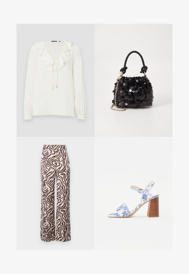 Biela blúzka s výstrihom do V, volánikovým golierom a šnúrkami so striebornými akcentmi; dlhé rukávy s gombíkovými manžetami. Mäkká textúra látky.; Voľné nohavice vyrobené z ľahkej látky s béžovým pozadím a hnedými pruhmi zebry a plochým pásom.; Modré sandále s kvetinovým vzorom, so štvorcovou špičkou, širokým popruhom a nastaviteľným členkovým popruhom, s textúrovaným dreveným blokovým podpätkom.; Čierna mini kabelka so štrasom, s uzlovým textúrovaným popruhom a strieborným reťazom. Guľatý tvar s riaseným vrchom a reflexnými detailmi.
