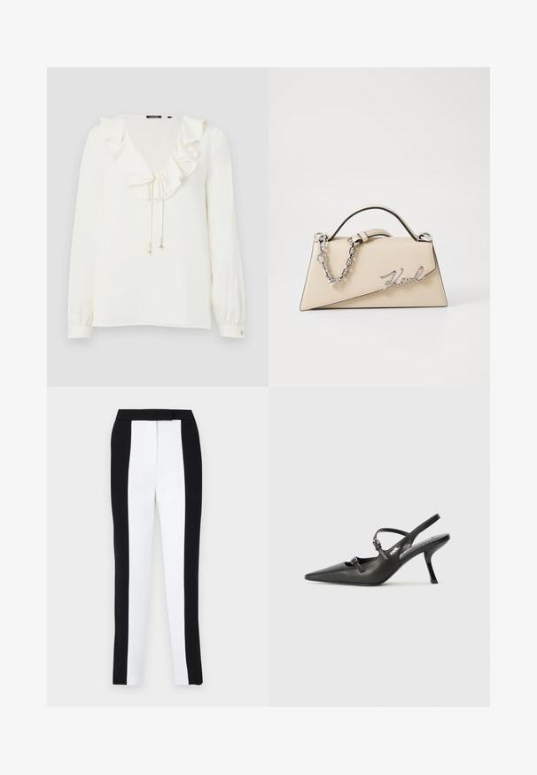 Witte blouse met een V-hals, gerimpelde kraag en trekkoorden met zilveren accenten; lange mouwen met knoopmanchetten. Zachte stofstructuur.; Zwart-witte tapered broek met een slanke pasvorm en contrasterende panelen. De stof heeft een gladde textuur; de tailleband is plat en aansluitend.; Zwarte leren slingback hakken met een spitse neus, slanke hak en decoratieve gespdetails op de bovenkant. Gladde textuur en een strakke uitstraling.; Beige leren handtas met een gestructureerde, driehoekige vorm, voorzien van een zilveren kettinghandvat en een cursieve logo in metaal.