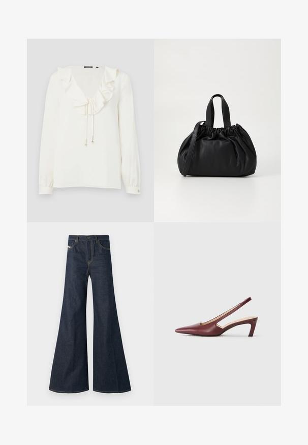 White blouse with a V-neck, ruffled collar, and drawstring ties with silver accents; long sleeves with buttoned cuffs. Soft fabric texture.; Dark blue flared jeans made of denim, featuring a high waist, gold stitching accents, and two front pockets with a button closure.; Burgundy slingback heels with a pointed toe, cutout details on the side, and a mid-height block heel. Smooth leather finish.; Black leather handbag with a gathered top design, featuring two short handles and a long adjustable strap. Smooth texture, rounded shape.