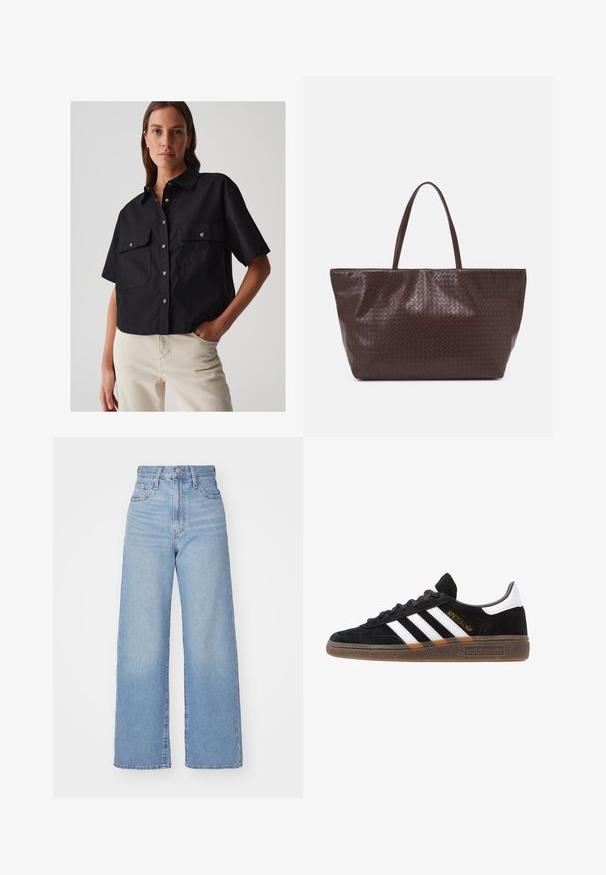 Zwart kort shirt van katoen, met korte mouwen, twee voorzakken en zilveren knoopsluitingen. Soepele textuur.; Lichtblauwe high-waist wijde jeans met een knoop- en ritssluiting aan de voorkant, voor- en achterzakken, op een witte achtergrond.; Zwarte Adidas sneaker met witte strepen, gouden "Spezial" tekst, gumzool en witte hieltab, weergegeven in zijaanzicht.; Bruine gevlochten leren tote bag met twee handvatten, een gestructureerde vorm en een getextureerd oppervlak, met een diamantpatroon overal.