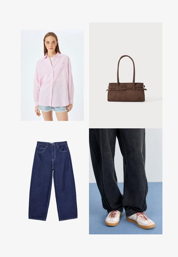 Camicia button-up rosa chiaro in una vestibilità rilassata, con taschino sul petto, maniche lunghe e un tessuto testurizzato simile al lino.; Pantaloni a gamba larga in denim blu scuro con vita alta, cinque tasche e cuciture bianche a contrasto. Texture liscia, design classico.; Pantaloni in denim neri a gamba larga con dettagli di cucitura frontale, abbinati a sneakers bianche e rosa con suola in gomma e lacci rosa.; Borsetta in suede marrone con due manici robusti, forma rettangolare e dettaglio decorativo con cinturino sulla parte anteriore.