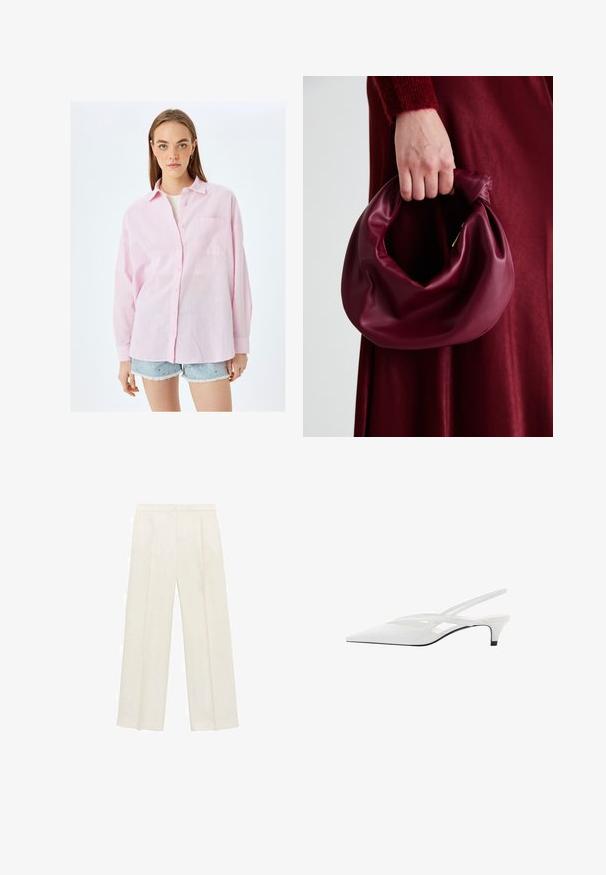 Vaaleanpunainen napitettava paita rentoa istuvuutta, jossa on rintatasku, pitkät hihat ja tekstuurinen pellavanomainen kangas.; Valkoiset leveälahkeiset housut vaaleassa kermassa. Valmistettu sileästä kankaasta, jossa on laskokset edessä ja sivutaskut.; Valkeat nilkkaremmikengät, joissa on terävä kärki, sileä päällinen, hienovaraiset aukot ja matala lohkopohja. Musta pohja korostaa muotoilua.; Burgundy-nahkakäsilaukku, jossa on pehmeä, ryppyinen muotoilu ja pyöreä muoto. Kahva on kiinnitetty tukevasti, ja siinä on sileä pinta.