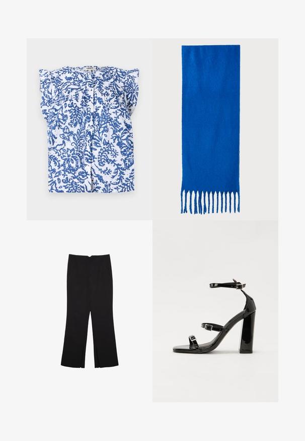 Blusa bianca con motivo floreale blu, maniche corte e chiusura con bottoni. Realizzata in tessuto leggero con superficie testurizzata.; Pantaloni neri a gamba dritta, con tasche frontali e spacchi laterali all'orlo. Realizzati in tessuto morbido e liscio. Adatti a diverse occasioni.; Sandali con tacco in vernice nera, con punta squadrata, cinturini alla caviglia e fibbie in argento. Presentano un tacco a blocco spesso per maggiore stabilità.; Sciarpa blu con frange, realizzata in tessuto morbido; presenta un colore uniforme con una superficie testurizzata e frange tagliate in modo uniforme nella parte inferiore.