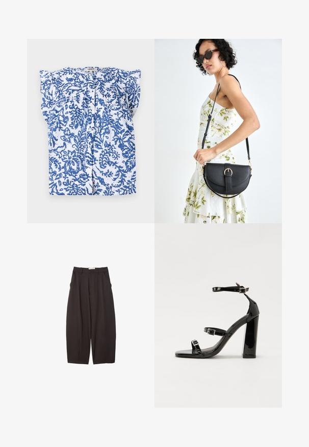 Biely blúzka s modrým kvetinovým vzorom, krátke rukávy a predné zapínanie na gombíky. Vyrobená z ľahkej tkaniny s textúrovaným povrchom.; Čierne široké nohavice vyrobené z hladkej tkaniny, s vysokým pásom, prednými skladmi a bočnými vreckami. Jednoduchý dizajn bez ozdôb.; Čierne lakované sandále na podpätku so štvorcovou špičkou, navlečenými remienkami okolo členku a striebornými prackami. Disponujú masívnym blokovým podpätkom pre stabilitu.; Čierna kožená kabelka s zaobleným tvarom, odnímateľným popruhom a zlatými doplnkami. Kabelka má klopu s detailom s prackou.