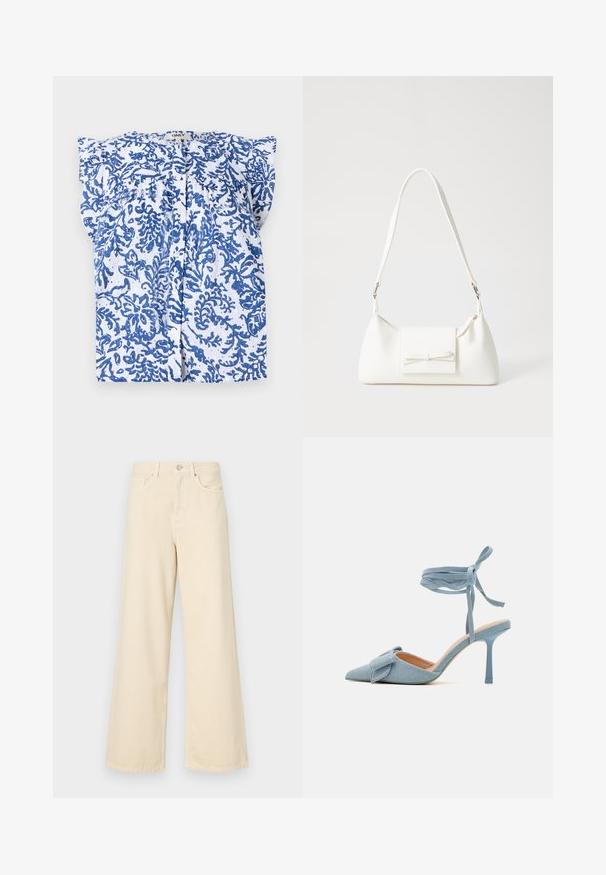 Balta palaidinė su mėlynu gėlių raštu, trumpomis rankovėmis ir užsegama mygtukais. Pagaminta iš lengvos medžiagos su tekstūruota paviršiumi.; Bežinės plačios kojos džinsai, pagaminti iš medvilnės. Turintys sagos uždarymą, diržo kilpas ir priekinės kišenes su lygia, švelnia tekstūra.; Šviesiai mėlynos audinio aukštakulnės bateliai su smailiu galiuku ir tekstūruotu paviršiumi, su dekoratyviniu kaspinėliu ir kulkšnies juostele, užtikrinančia tvirtą prigludimą.; Balta sintetinė rankinė trikampio formos, plokščiu priekiu su užsegimu, kaspino detale, reguliuojama dirželiu, lygia tekstūra ir minimalistišku dizainu.