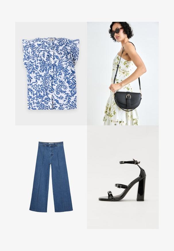 White blouse with blue floral pattern, short sleeves, and a button-up front. Made of lightweight fabric with textured surface.; Wide-leg denim jeans in medium blue, featuring a high waist, button closure, and contrasting vertical seam details along the front.; Black patent heeled sandals with a square toe, ankle straps, and silver buckles. Features a chunky block heel for stability.; Black leather handbag with a curved shape, detachable strap, and gold hardware. The bag features a flap with a buckle detail.