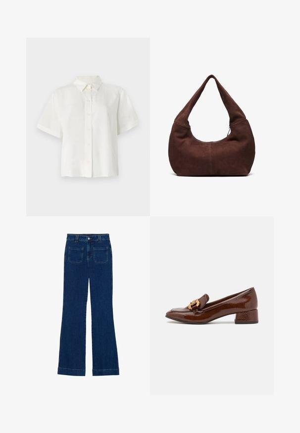 Kratke rokave, bela srajca s skrajšanimi gumbi, izdelana iz gladkega materiala; vključuje ostro ovratnico in ravno kroj s rahlo ohlapnim prilegom.; Tri dolgi rokavi: ena enobarvna burgundska, ena burgundska z belimi črtami in ena popolnoma bela. Vse so narejene iz mehkega, raztegljivega materiala.; Temne modre trpežne flare kavbojke z gladko teksturo, petimi žepi in gumbom za zapiranje na pasu.; Brahkni usnjeni mokasini z sijočo površino, ki imajo dekorativno zlato zaponko spredaj in nizko blok peto. Klasična zasnova.; Rjava semiš torba hobo z ukrivljenim, širokim ročajem in velikim odprtjem. Mehka tekstura z vidnimi šivi ob robovih.