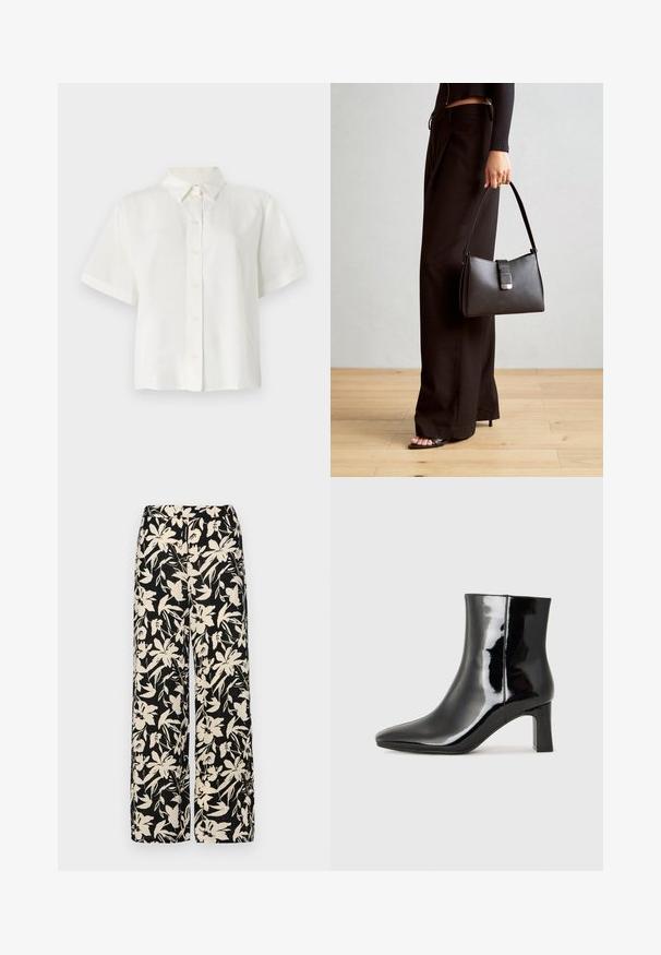 Kortermet, hvit skjorte med knapper laget av glatt stoff; har spiss krage og rett snitt med en litt løs passform.; Sorte vide bukser med et cremet blomster mønster. Fremstillet af letvægtsstof, med en glat tekstur og en høj talje.; Sorte patentlær ankle boot med spiss tå og en mellomhøy blokkhelt. Glatt tekstur og minimalistisk design.; Svart håndveske med strukturert form, jevn tekstur og metallisk lås. Kombinert med brede svarte bukser og sandaler med åpen tå på tregulv.