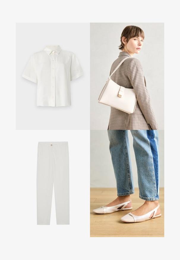 Kortermet, hvit skjorte med knapper laget av glatt stoff; har spiss krage og rett snitt med en litt løs passform.; Hvite, skreddersydde bukser med rette ben, med knapplukking, beltehemper og sidelommer; glatt tekstur.; Lys rosa slingback leiligheter med spiss tå, laget av et glatt, læraktig materiale. Har utskjæringer på sidene og lav hæl.; Hvit lær veske med en strukturert design, med magnetlås og skulderstropp, vist mot en nøytral bakgrunn.